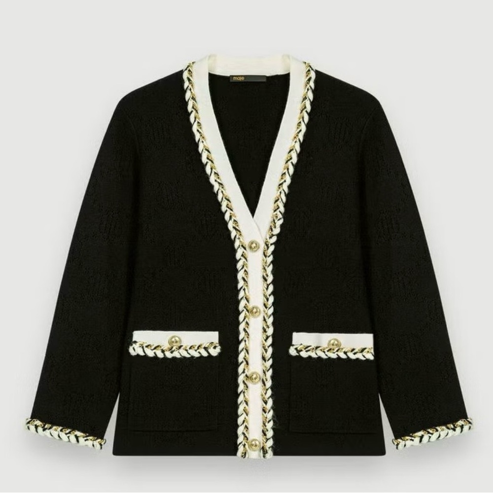 Maje Black Cardigan Jacket with Cream Trim